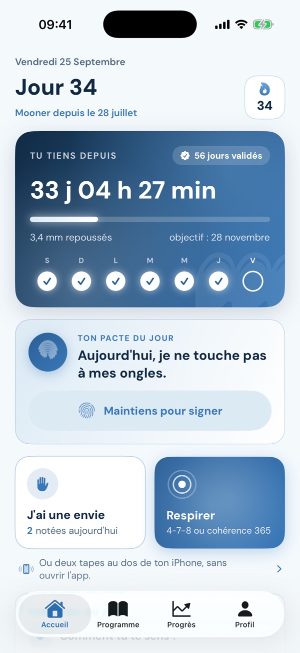 Écran d'accueil de Monyx : jour 34, la série en cours et le pacte du jour à signer